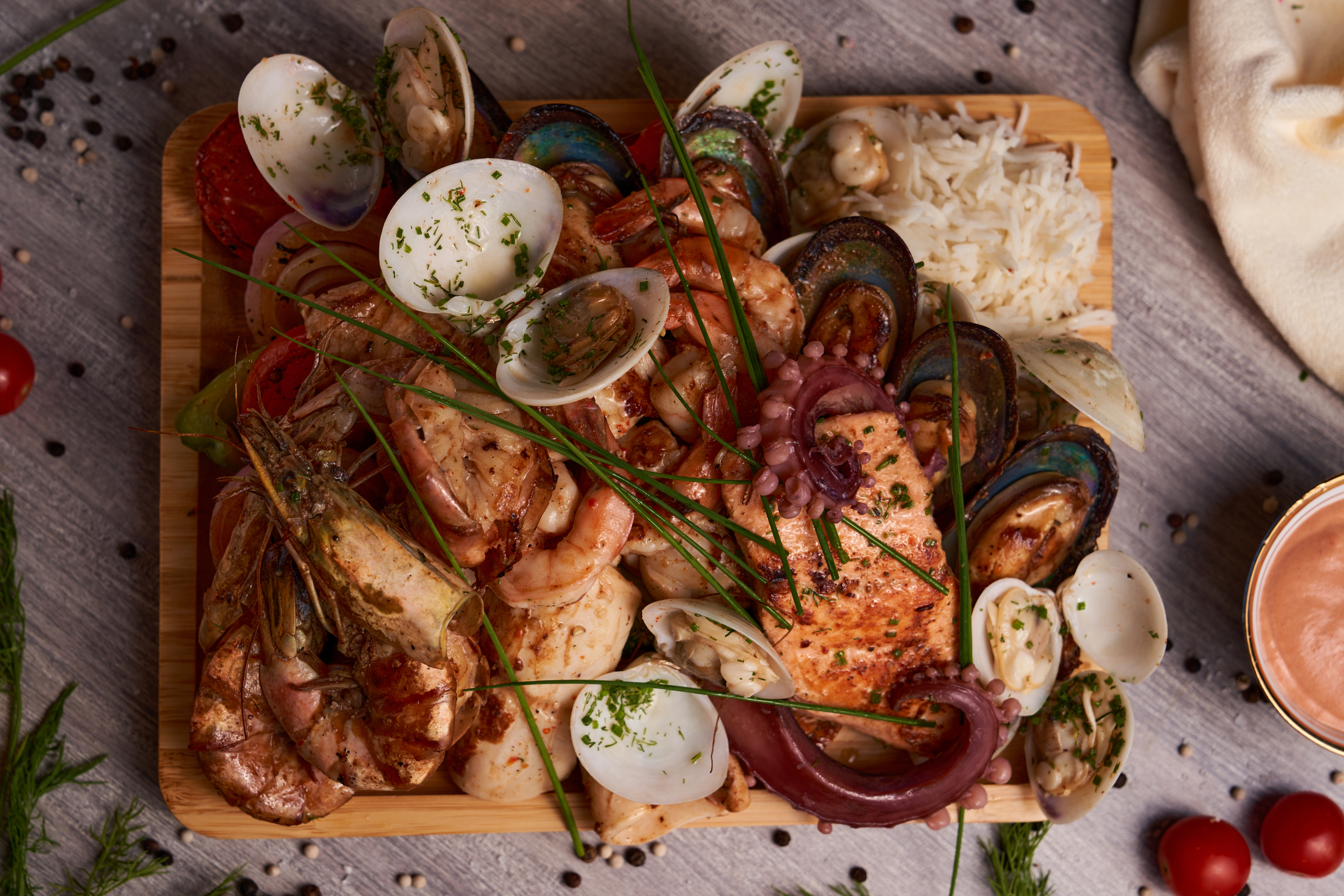 Seafood and pasta dish with clams and herbs